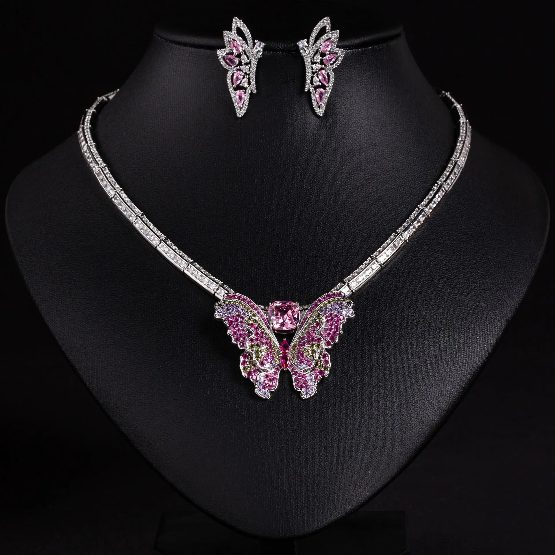 HIBRIDE Fine Jewellery 2 Piece Stereoscopic Multicolour Butterfly Necklace Earrings Women's Wedding Gift Banquet Party S-810