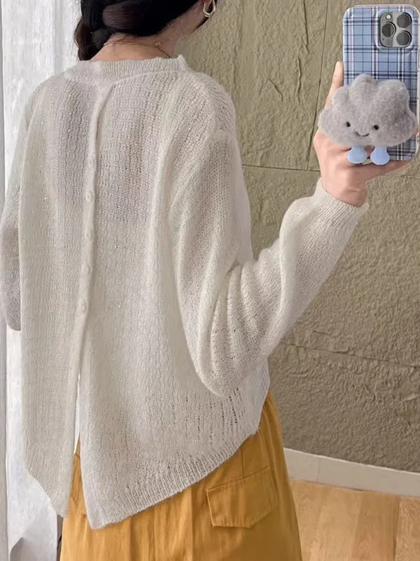 Spring 2026 Women's Short Knitted Sweater Thin Shiny Thread Hollow out Design Back Button Cardigan Long Sleeve Casual Style