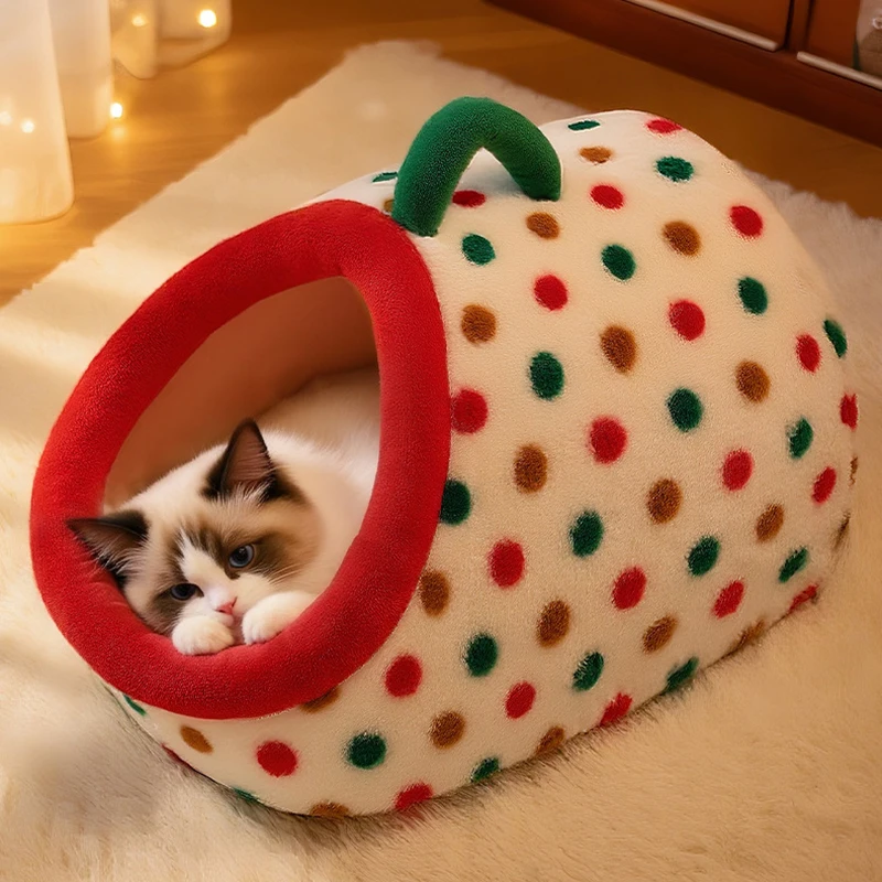 

Christmas Portable Luxury Pet Bed Handheld Semi-Closed Dot Design Warm Plush Cat House with Removable Pad Accesorios Para Gatos