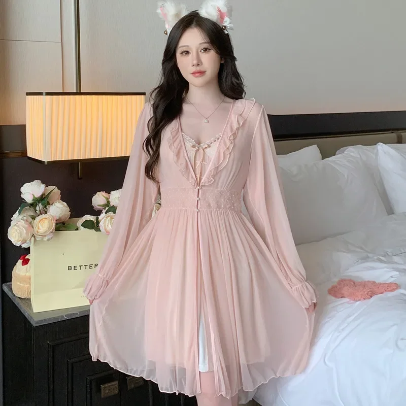 Twinset Mesh Lace Robe Set Women Kimono Sleepwear Nightdress Homewear Summer Bathrobe Gown Suit Nightgown Loungewear