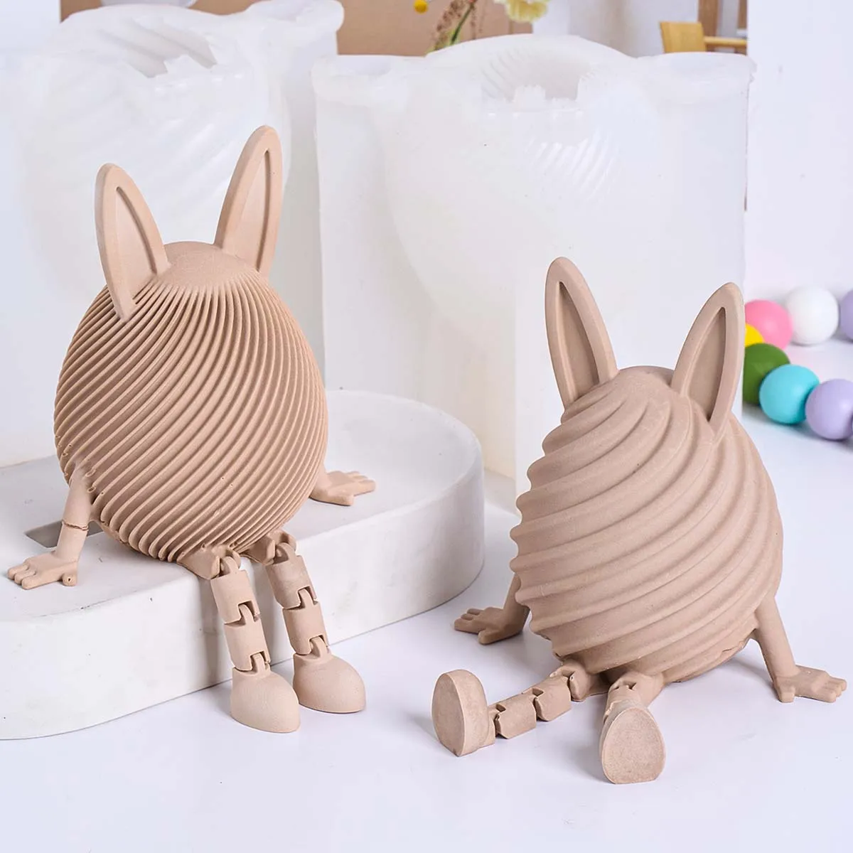 

3D Egg Straight Ear Rabbit Silicone Mold Creative Gypsum Striped Bunny with Splicing Legs Ornament Mold DIY Easter Craft Gift