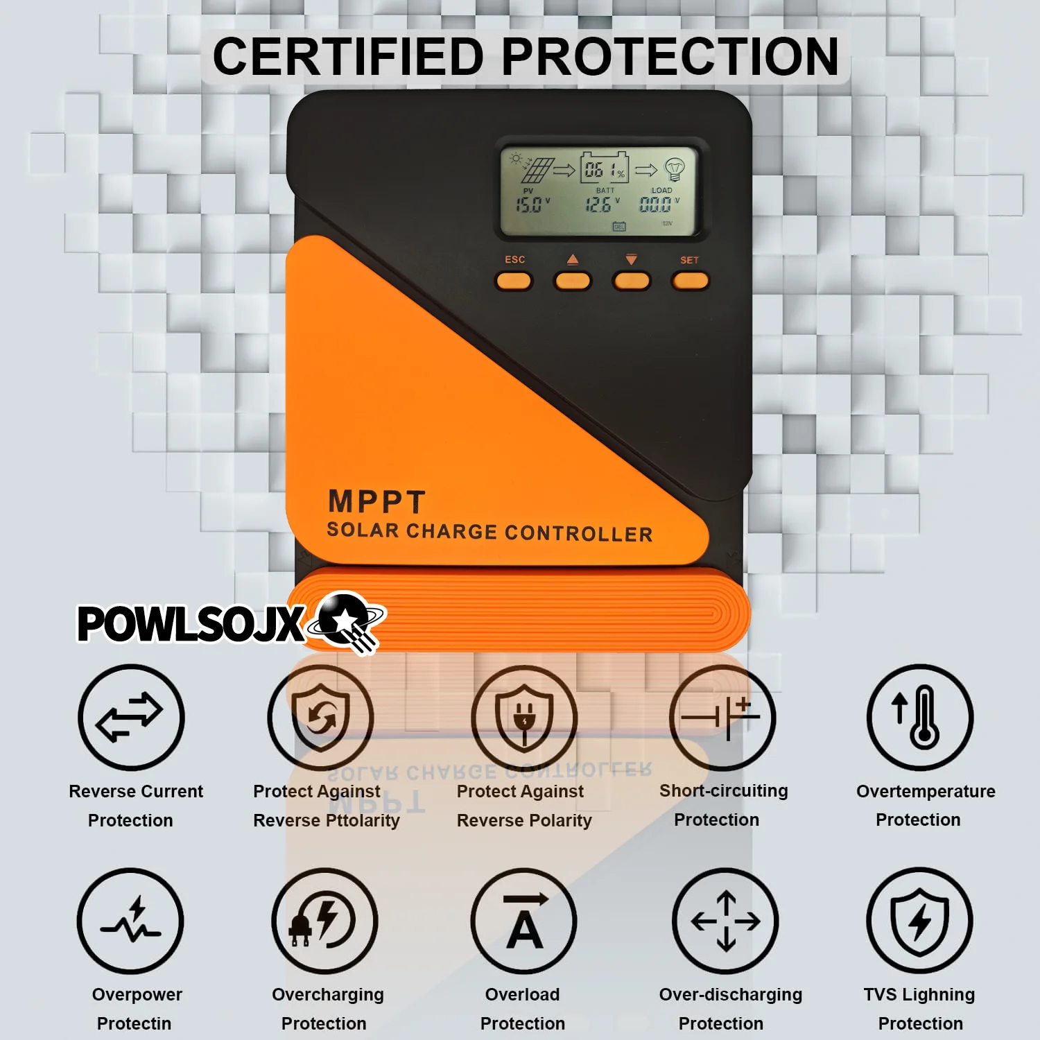POWLSOJX Efficient MPPT Solar Controller: 40/60A, Versatile 12/24V Battery Compatibility, 18-100V Solar Input, Dual Cooling Fans