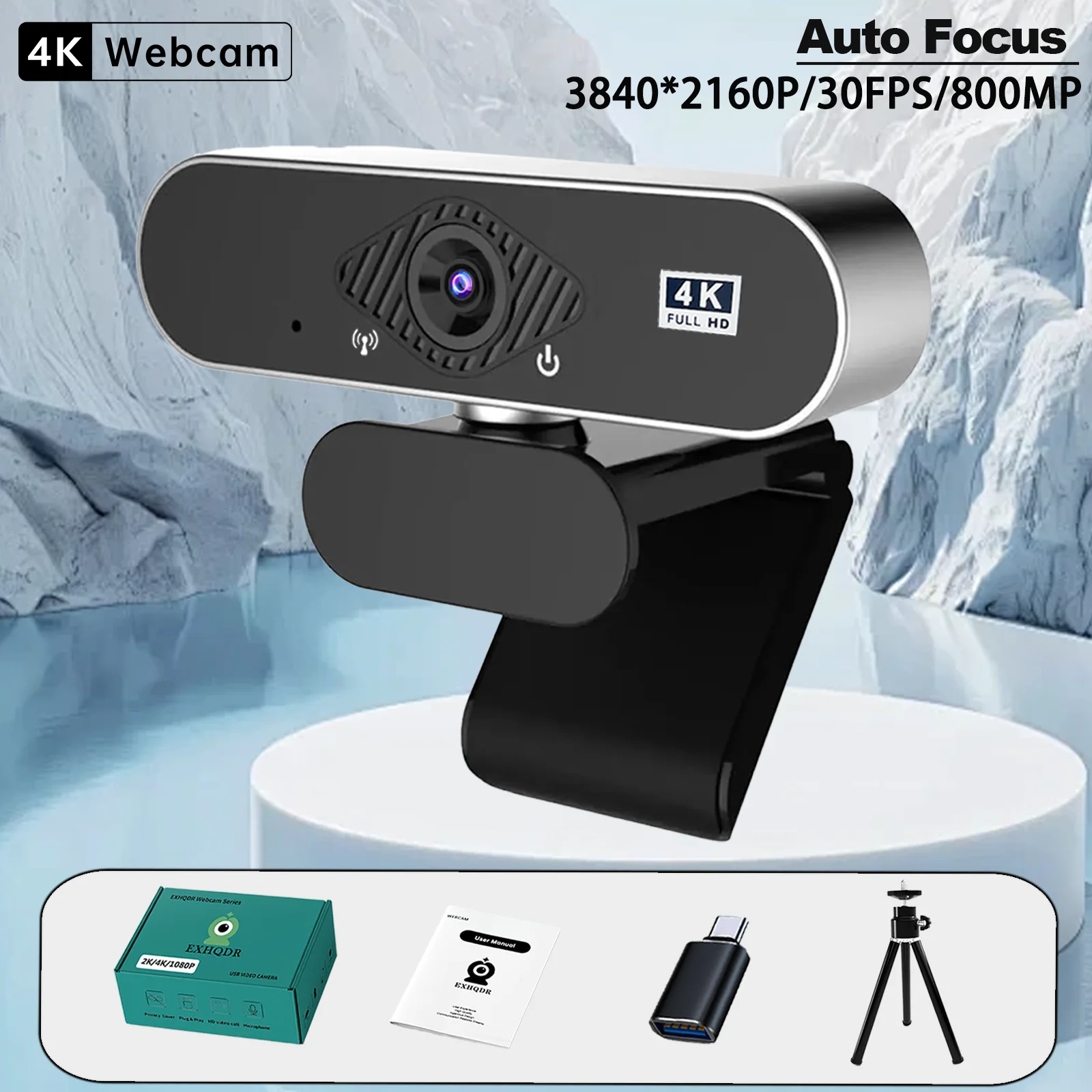 EXHQDR 4K Webcam with Auto-Focus & AI, Built-in Microphone, Rotatable Stand for Video Conferencing, Streaming & Online Broadcast