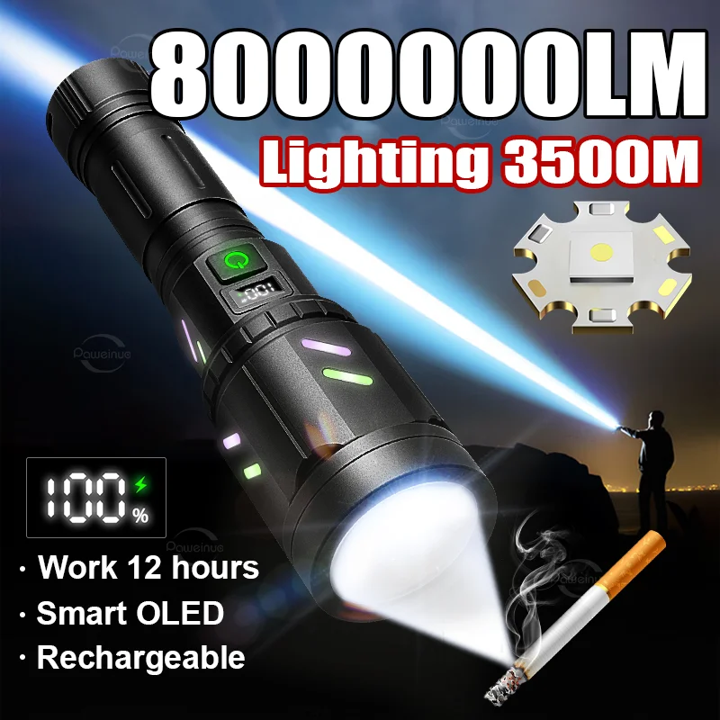 

НОВЫЙ светодиодный самый мощный фонарик 800 Вт, мощный фонарик 8000000LM, мощный фонарь с фокусным зажиганием, аварийный фонарик, перезаряжаемый фонарь