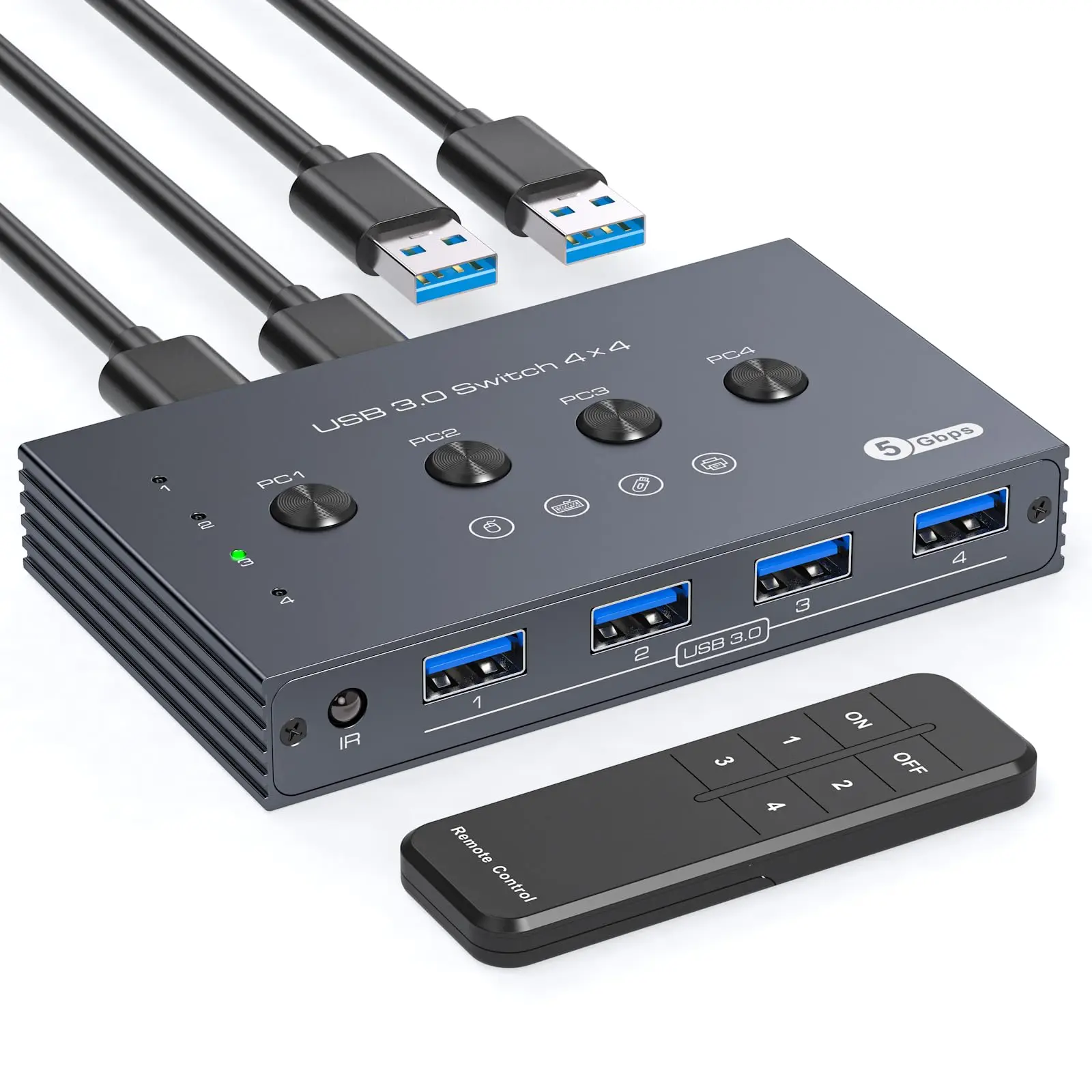 USB 3.2 Switch 4 Computers Share 4 USB Devices 4 Port USB 3.0 Switcher for Keyboard Mouse Scanner Printer with Remote and Cables