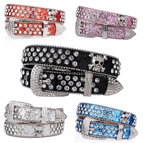 Imagen 1 del producto Cinturón de calavera de diamantes de imitación para mujer, cinturón punk, cinturón de calcomanía de diamantes de imitación brillantes, 48/2000