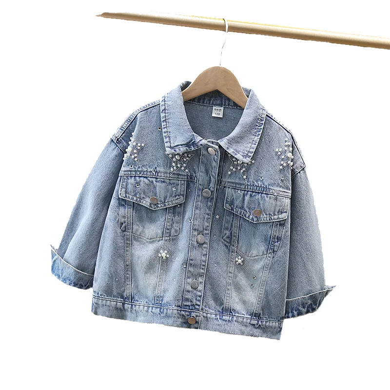 New Casual Baby Princess Fashion Denim Jacket with Pearls for Infant Girl Fashion Star Pattern Jeans Coat Kids Child Cool Outfit