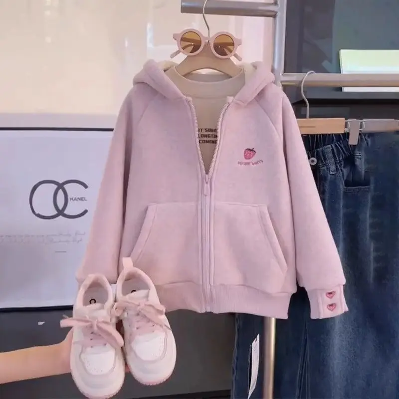 2026 Girls Fleece Hoodie Korean Thick Zip Up Sweatshirt Kids Autumn Winter Warm Coat