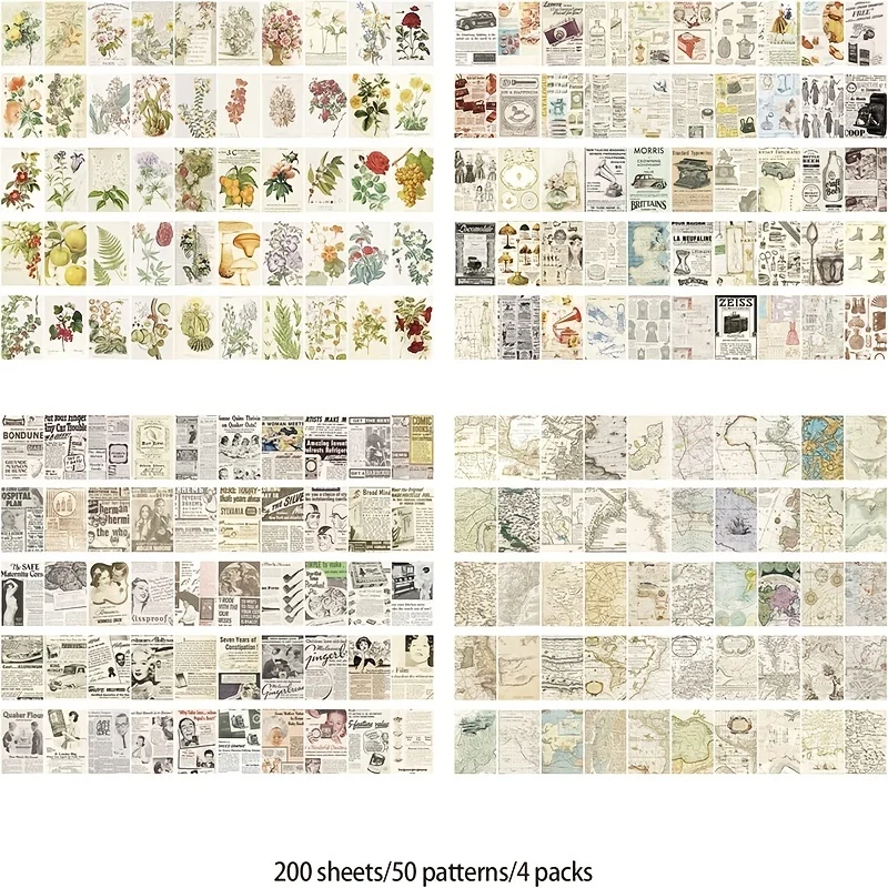 Vintage Washi Stickers Set, Aesthetic Sticker Book for Journaling, Floral Paper Sticker Kit for Sc, 200 Sheets