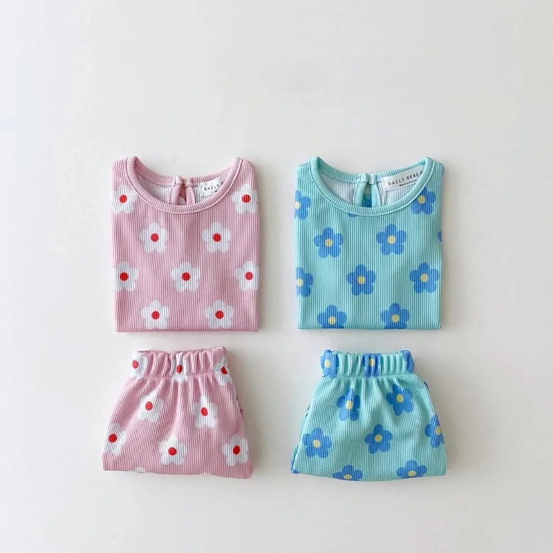 

2025 Summer New Children Short Sleeve Home Clothes Set Boys Girls Flower Print T Shirts + Pants 2pcs Suit Kids Cotton Thin Set