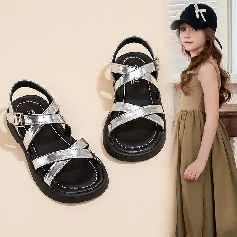 Girls Open Toe Braided Solid Color High-top Simple New Summer Hollow Flat Casual Shoes Kids Fashion Casual Roman Sandals