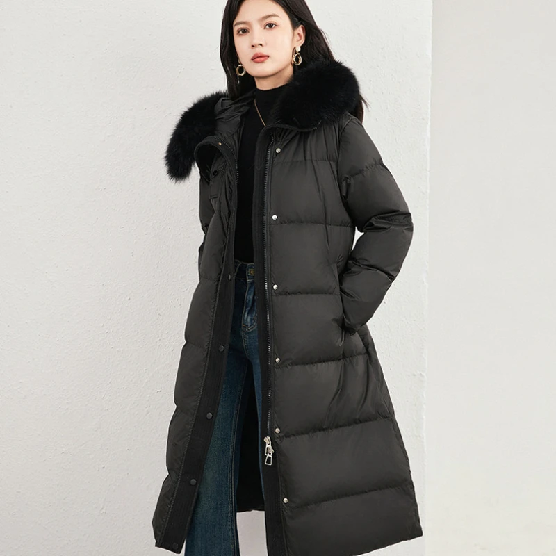 Women\'s Puffer Coats Winter New Outerwears White Goose Down Large Fur Collar Thick Parker Simple Slim Belt Elegant Down Jackets