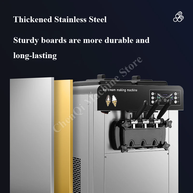 Коммерческая машина для мягкого мороженого, 1500 Вт, производительная емкость 6,6–7,9 галлонов в час, бункер 2x6 литров, 3 вкуса, ЖК-панель