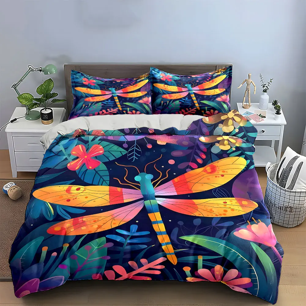 Colorful Dragonfly Decorative Set Bedding Set with 1 Duvet Cover 2 Pillowcases Single Double King Queen, Gift
