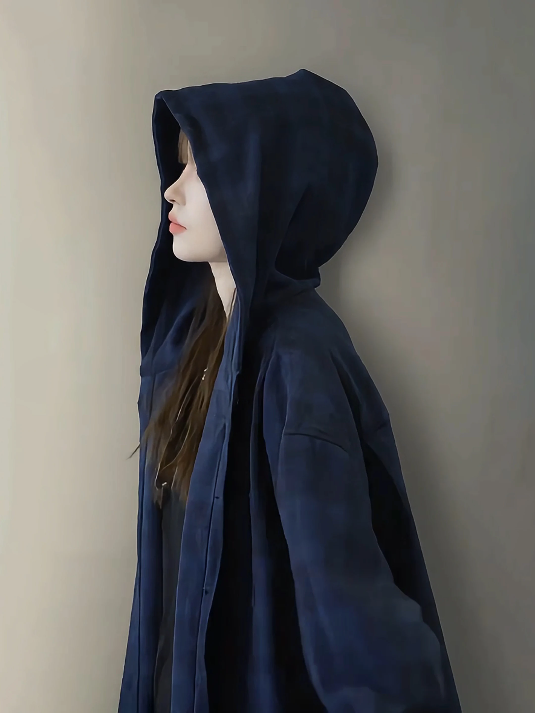

Retro Blue Hooded irt Men's Spring Trend Design Long Sve Casual Outerwear Breathable Lightweight Polyester Fiber