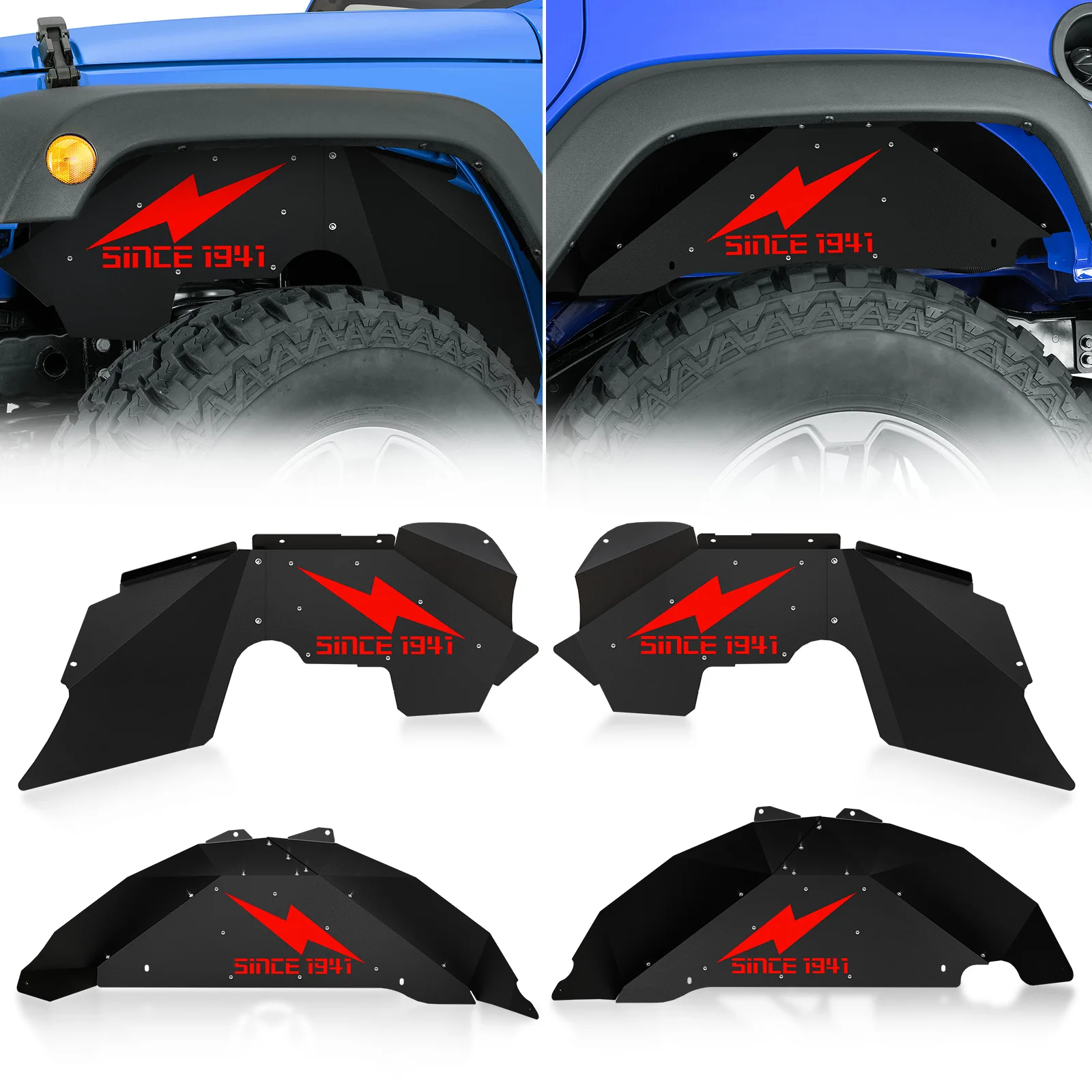 Guardabarros interior delantero y trasero, revestimientos de bengalas, protectores de barro de acero, logotipo de relámpago rojo para Jeep Wrangler JK y JKU Unlimited Sport 2007-2018