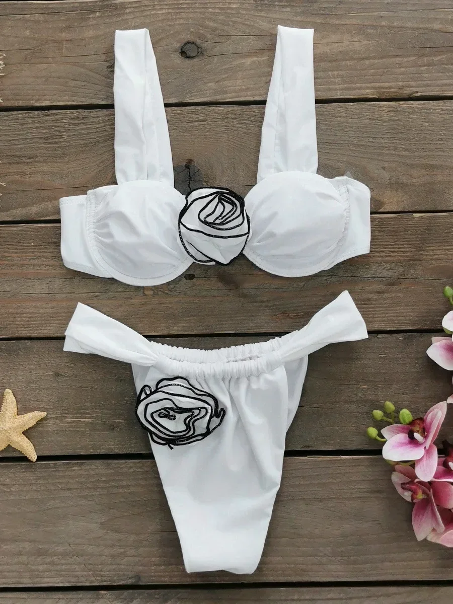 Maillot de bain blanc imprimé floral 3D, ensemble deux pièces, soutien-gorge push up, culotte tanga, micro, pour la plage, 2025