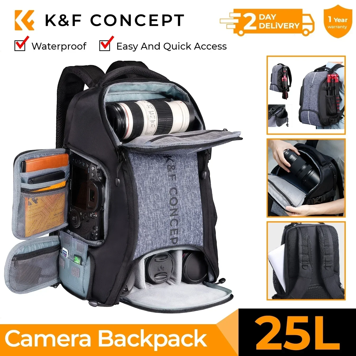 K&F CONCEPT 32L/25L Grote cameratas voor Canon Sony DJI DSLR/SLR camera, geschikt voor 15 inch laptop, met statiefriem en regenhoes