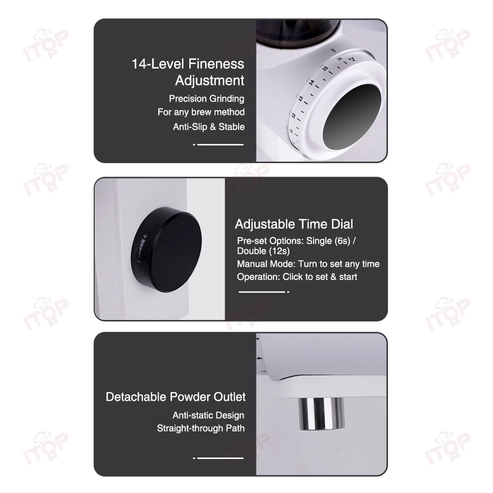 ITOP CG-13 مطحنة القهوة 60 مم لدغ مسطح 14 إعدادات طحن عرض الجرعات الوقت 300 وات محرك 110 جرام قادوس الفول