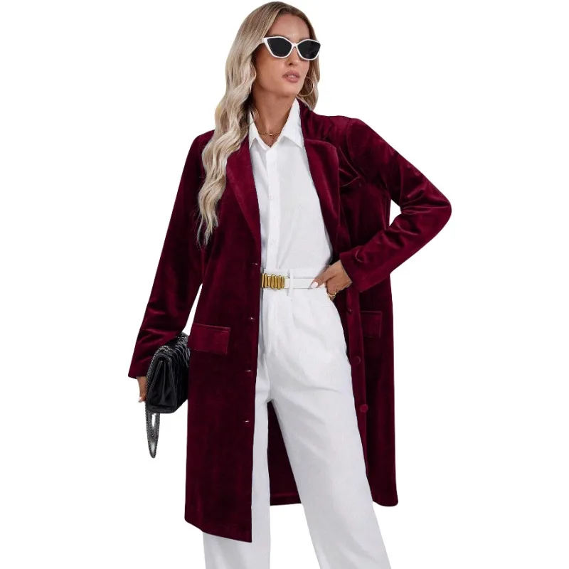 Luxury Vintage Velvet Trench Coat New Loose Turn-Up Collar Long Sleeves Casual Single-Breasted Long Blazer Coat Women's Jacket - view 6
