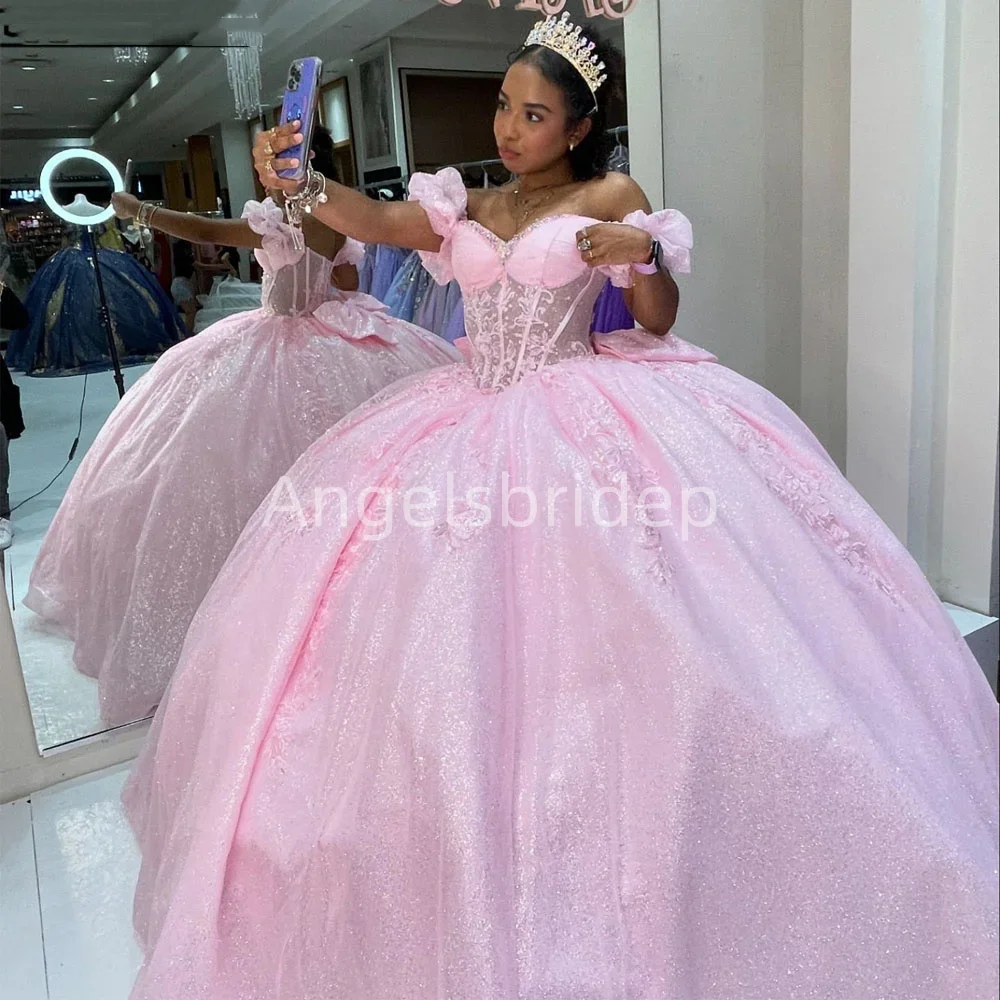 Angelsbridep Customized Glitter Tulle Pink Ball Gown 15 Year Old Quinceanera Dresses 2025 Appliques Off Shoulder Evening Dress