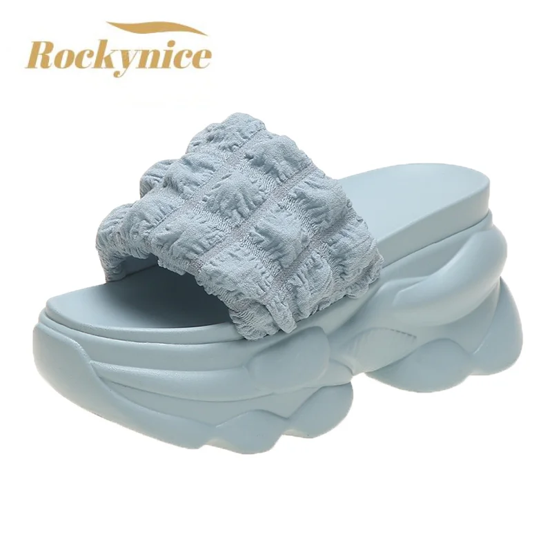 New Summer Women Slippers Flip-Flops Wedge Heels Shoes Woman High Platform Slippers Blue Outside Sandals 8CM Ladies Beach Shoes