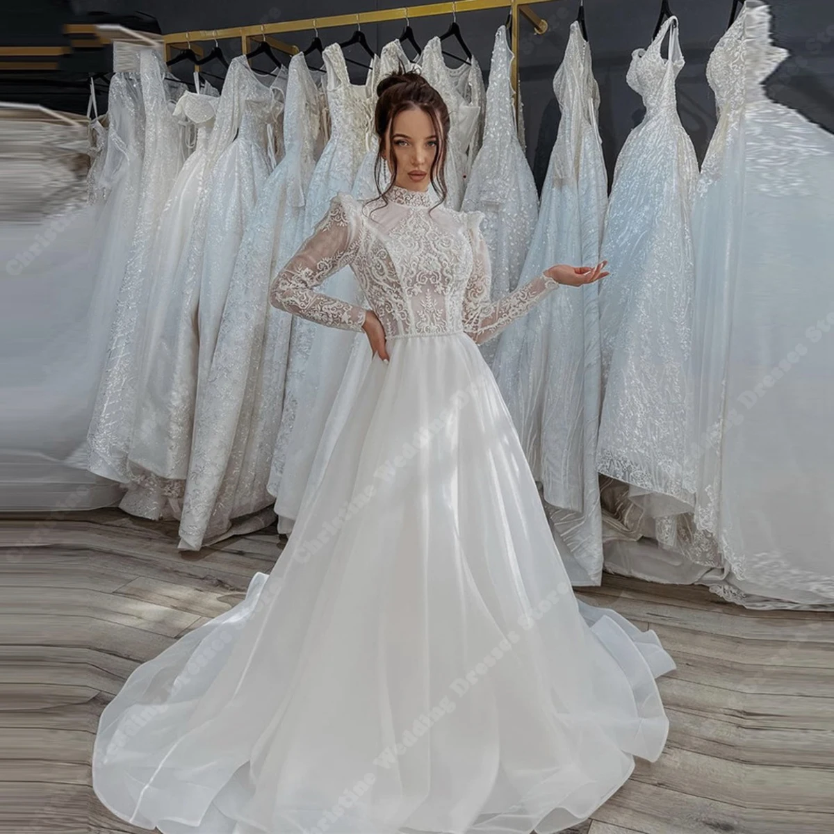 

Elegant Illusion High Neck Wedding Dresses A-Line Mopping Length Bridal Gown Long Sleeves Lace Appliques Women Vestidos De Novia