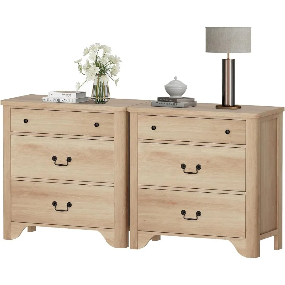 

pair of wooden farmhouse nightstands with six drawers, 31.5" tall bedside tables featuring vintage-style handles and ample stora