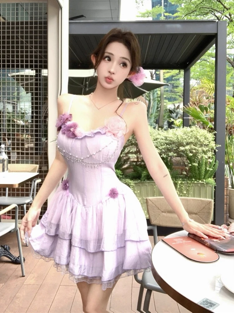 Sommer Süße Lolita Ballerina Dünnes Kleid Frauen Lila Patchwork Abend Prom Kuchen Kleider Chic Geburtstag Prinzessin Outfits 2025