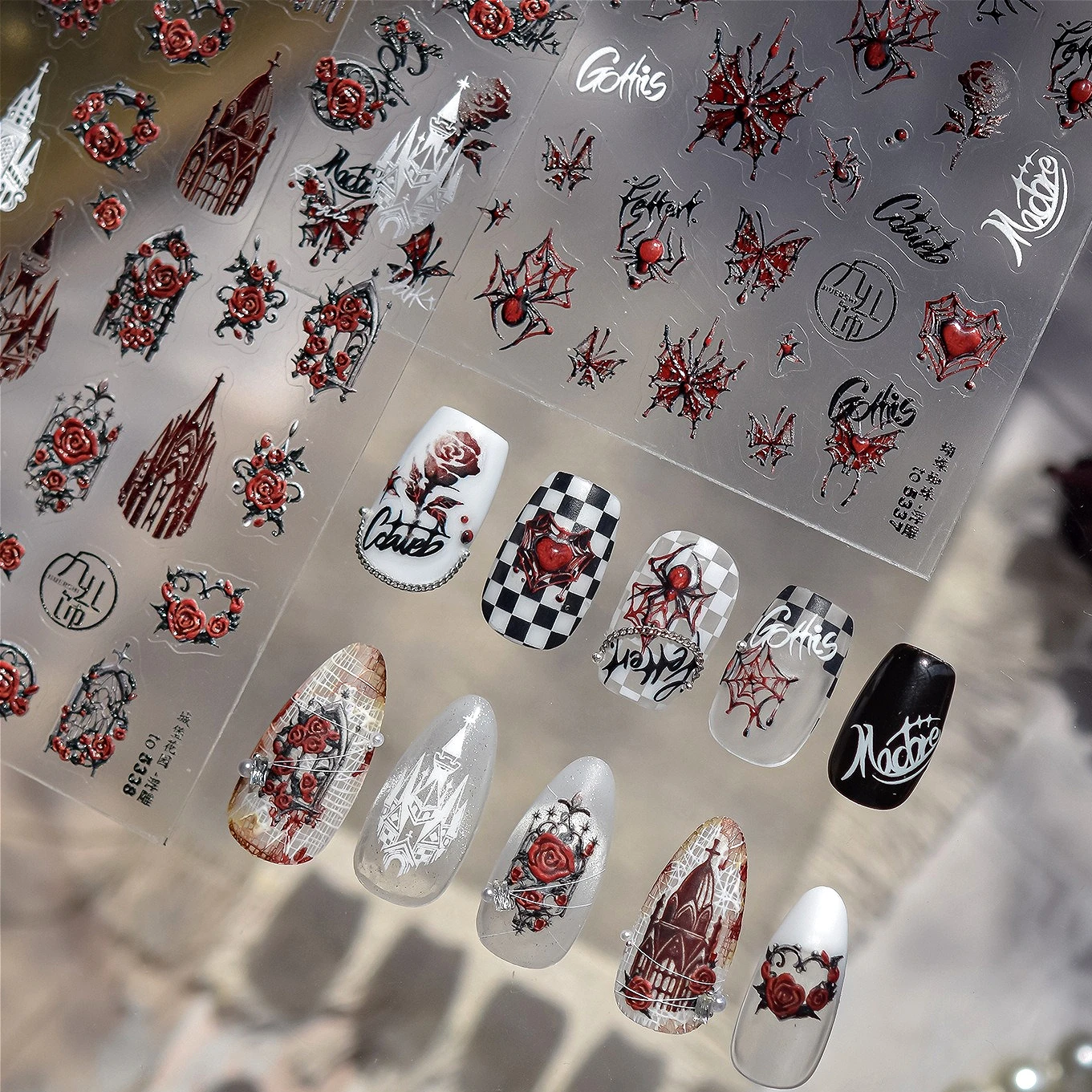 

Замок ужаса, розы, цветы, окно, бабочка, паутина, сердце любви, Хэллоуин, темный черный Y2K, череп, призрак, наклейки для дизайна ногтей, наклейки