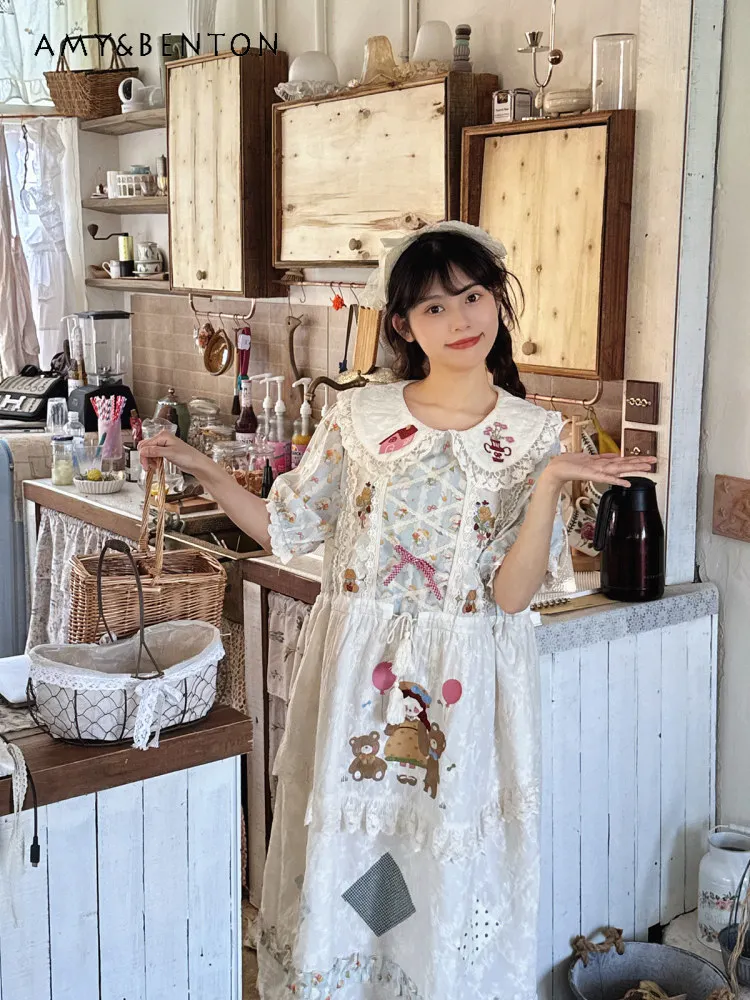 

Summer New Style Forest-themed Sweet and Cute Girl's Lace Cartoon Print Doll Collar Short-sleeved Long White Dress