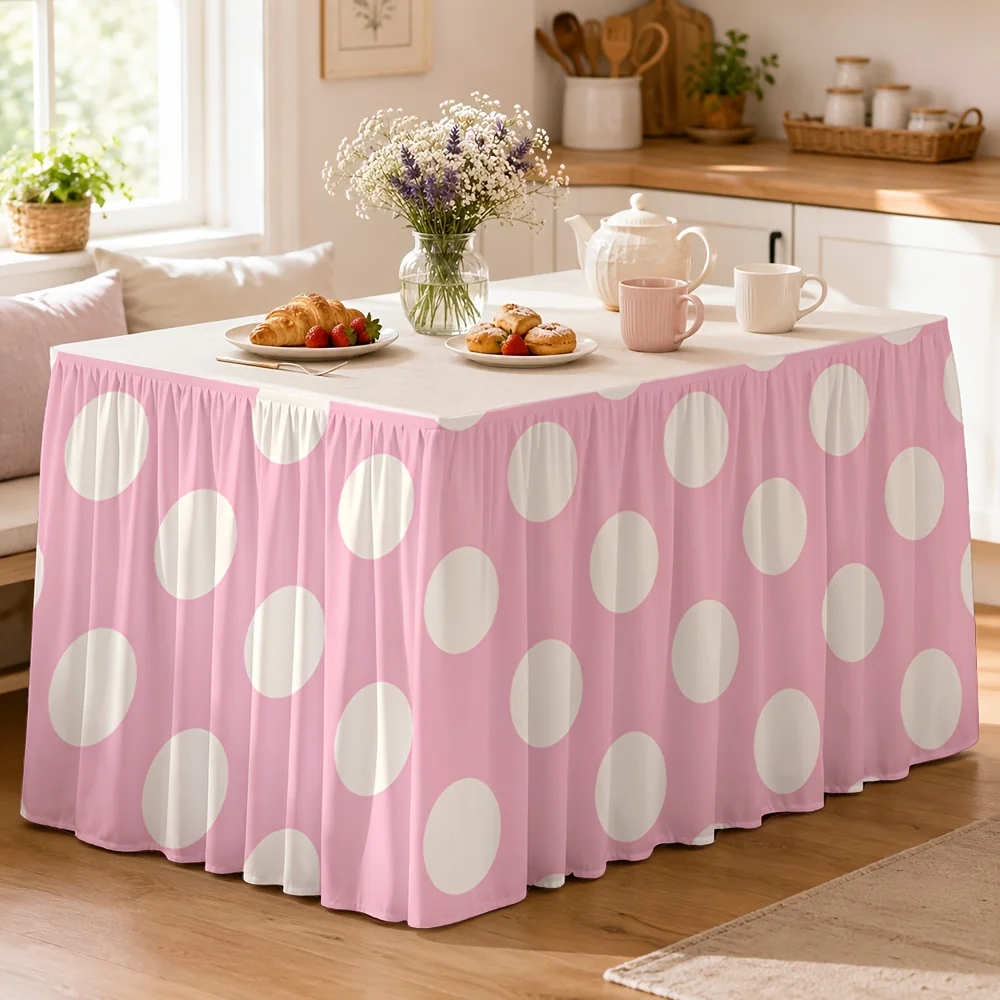 1 piece table cover table skirt, soft pink bottom evenly distributed cream polka dots,