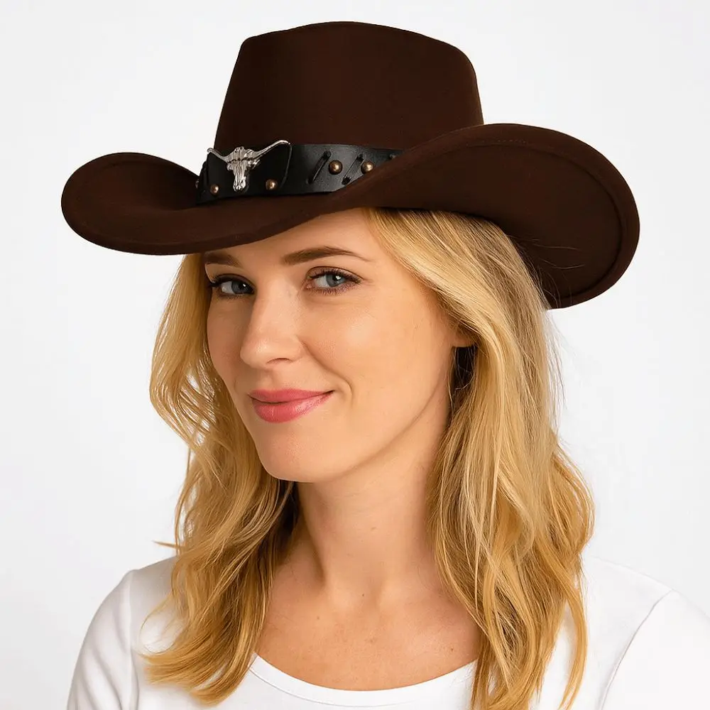 

Punk Ethnic Style Western Cowboy Hat Wide Brim Roll Brim Cowgirl Jazz Hat Cow Head Polyester Knight Hat Sun Protection