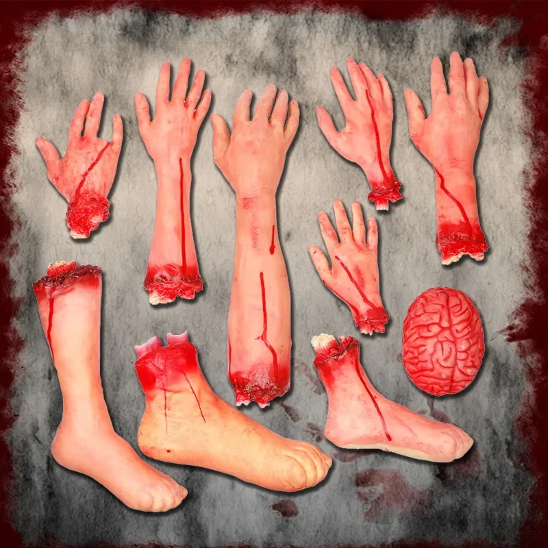 Decoración de Halloween de terror, juego de extremidades cortado con sangre realista, piezas de cuerpo falsas aterradoras para fiesta de broma de Casa Encantada