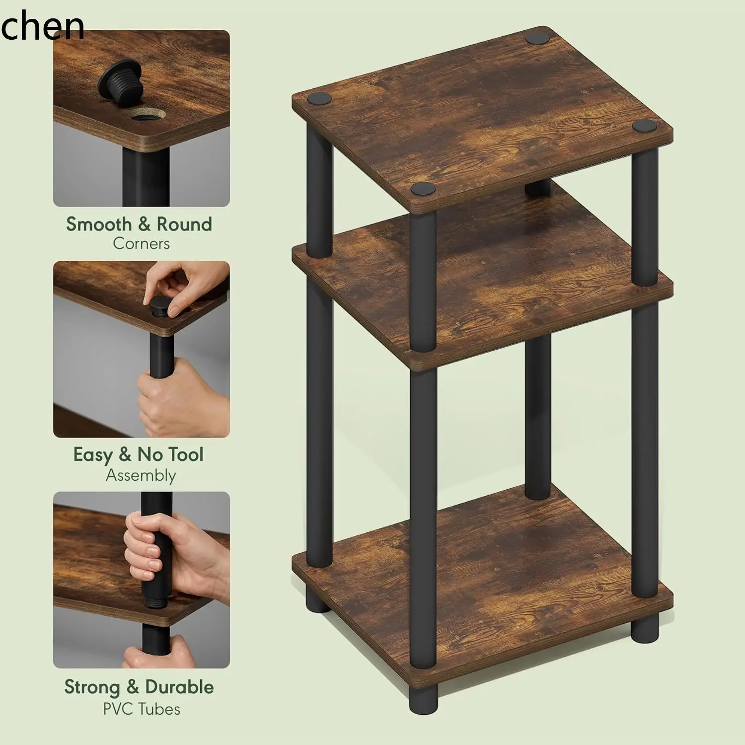 CZ Three-Tier Side Table Open Shelf Nightstand No-Tool Assembly for Living Room Bedroom