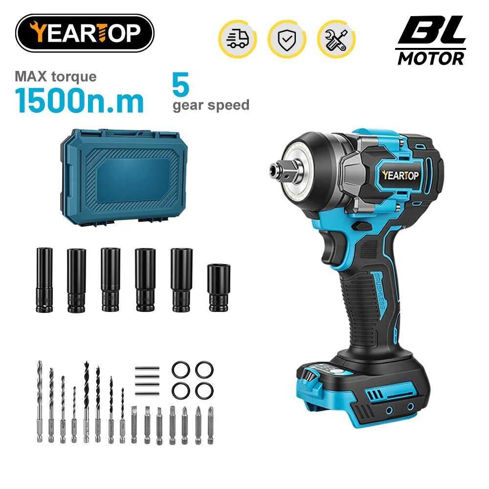 YEARTOP 1500NM Brushless Electric Wrench 1/2 Inch Cordless I