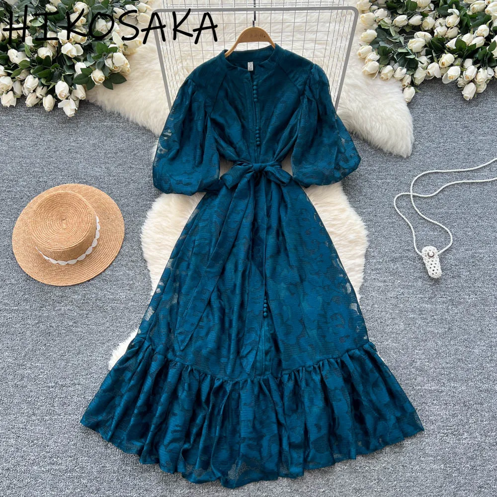 

Light Luxury Korean Temperament Dress Stand Collar Puff Sleeve Mesh Embroidery Robe Elegant Big Swing Vestidos Casual Ropa