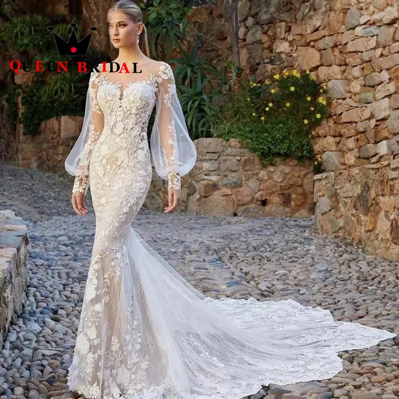 Long Puff Sleeve Mermaid Wedding Dresses Appliques Lace V Neck Floor Length Women Bridal Gowns Vestidos De Novia Custom S82X