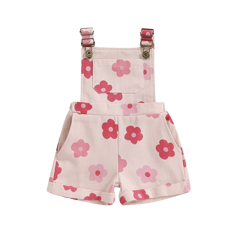 

Little Girl Overalls Shorts Floral Print Pocket Front Sleeveless Suspender Jumpsuit with Adjustable Shoulder Strap