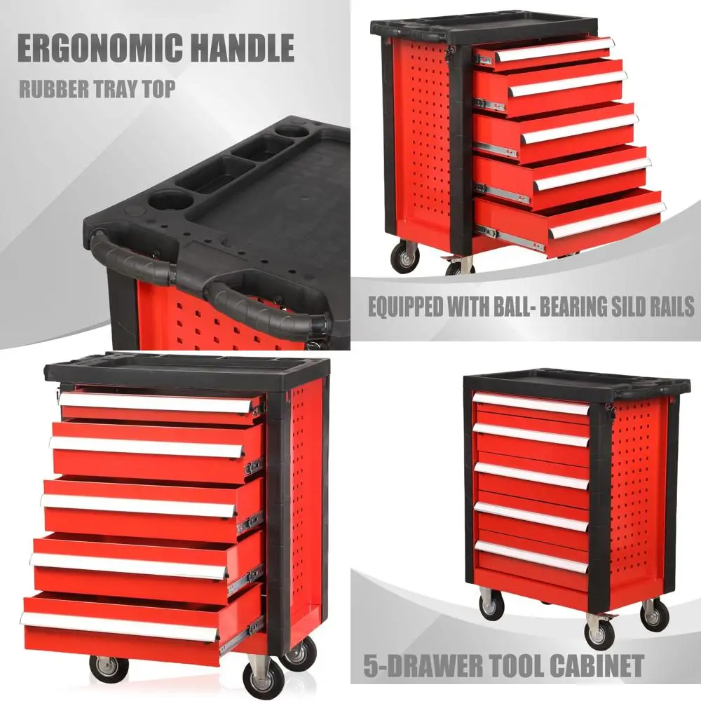 

Красный мобильный шкаф для инструментов с 5 ящиками и колесами для хранения в гараже, мастерской и ремонте
