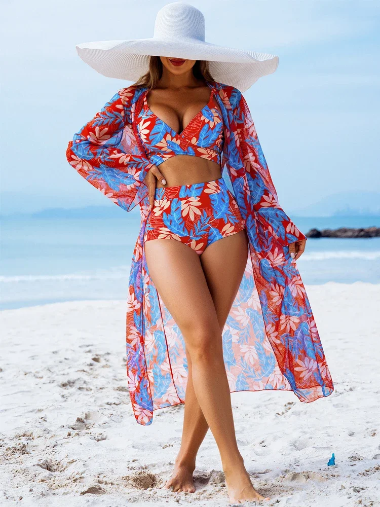 

Tropical Leaf 3-piece Swimwear Sets Women High Waist Bikini Full Sleeves Slim Fit Suits 2026 Lady Chic New Summer Beach Wear
