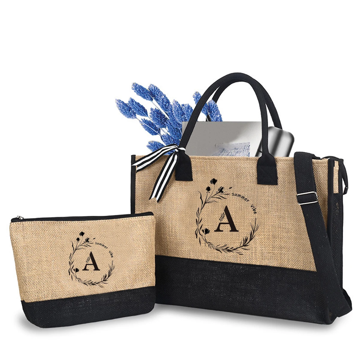 Trendy Letter Print Jute Tote Bag Set of 2,  Large Waterproof Zipper Shoulder Bag With Side & Inner Pocket