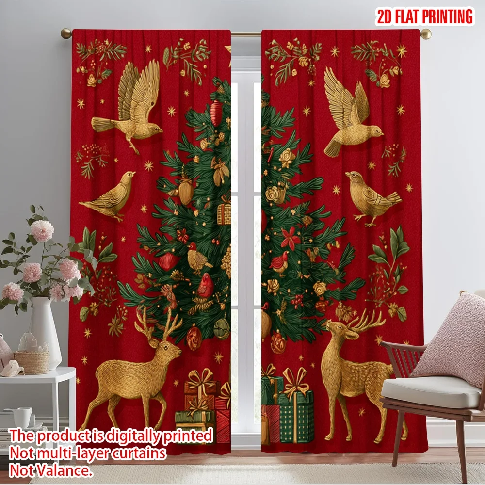 2pcs,2D plane printing Curtains&Window Treatment Reindeer_ Tree_ Presents Versatile Polyester Fabric (without rod) Room Decor
