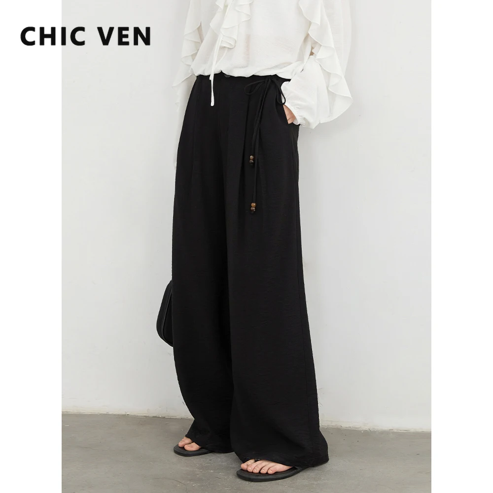 CHIC VEN Women Pants Fashion Loose Wide Leg Lace Up Pleated Casual Linen Trousers Female Clothing Spring Autumn New 2025