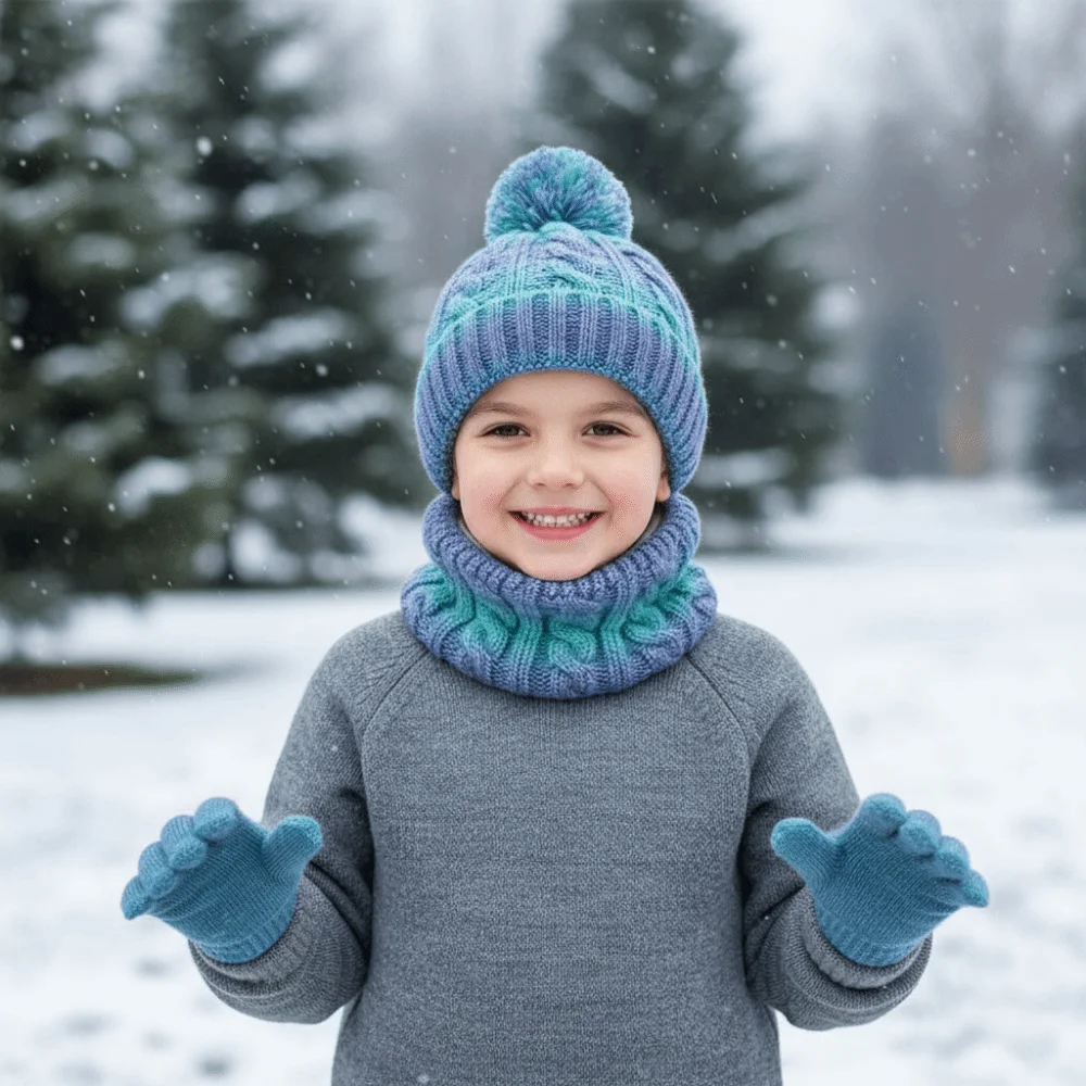 Comfortable Gradient Color Baby Hat Scarf Gloves Set Warm Ears Thickened Toddler Knitted Hat Keep Warm with Velvet Hat Set