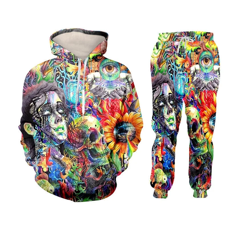 Autumn and Winter Christmas Loose Pullover Set 3D Printed Men\'s Adult Set Street Hip Hop Trend Outdoor Sports Hoodie Set