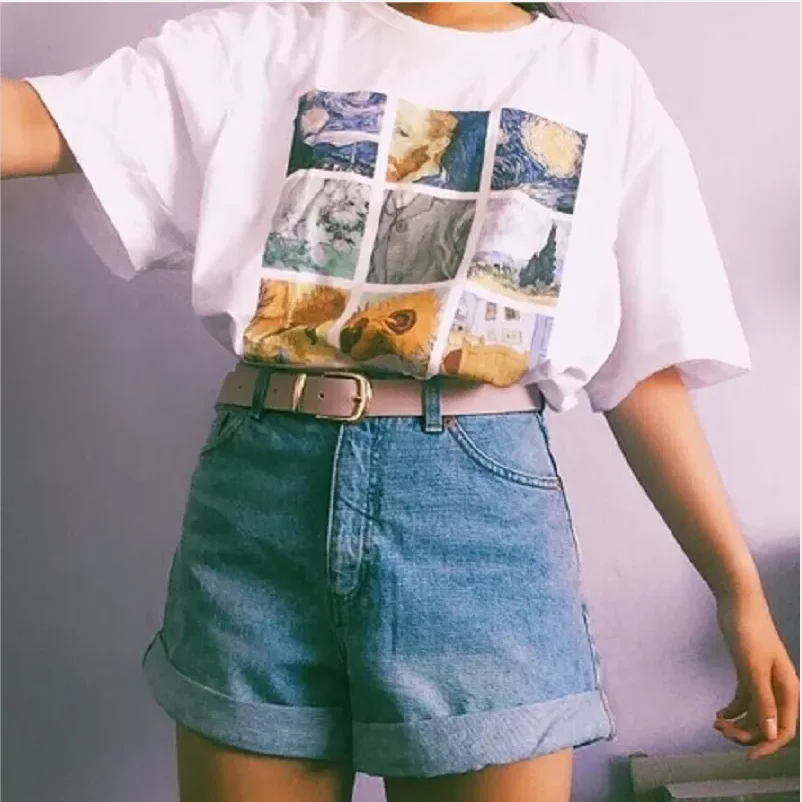 Van Gogh Painting Vintage Fashion Aesthetic White T-Shirt 90s Cute Art Tee Hipster Grunge Top