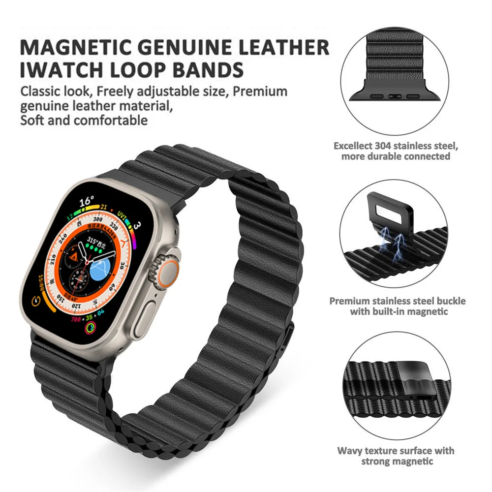 Magnetic Loop For Apple Watch Band 44mm 40mm 45mm 41mm 49mm 42mm 38mm Leather correa iwatch series 9 7 SE 6 5 4 Ultra 2 8 Strap