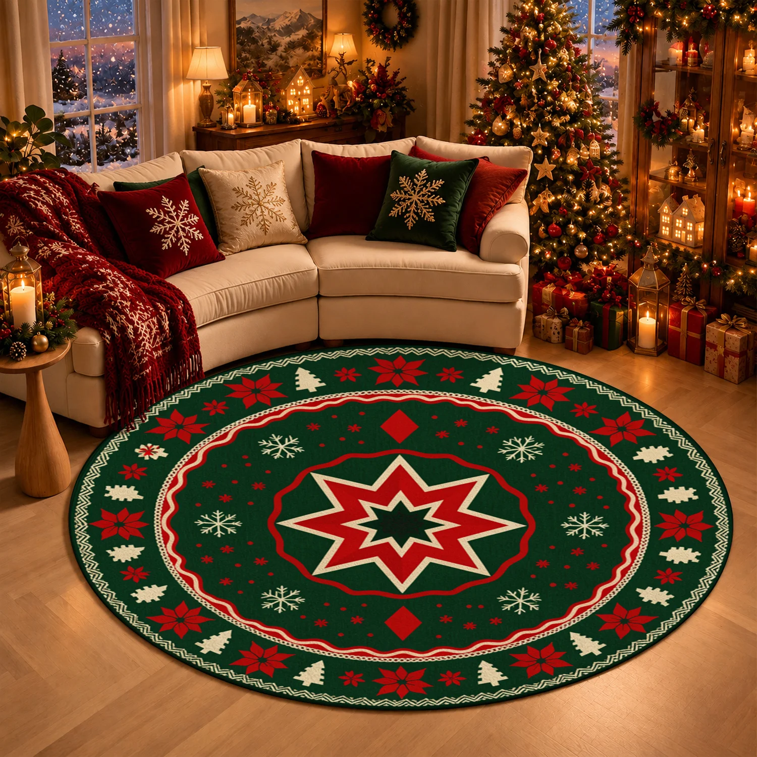 Christmas themed red star snowflake tree circular velvet round rug machine washable for living room dining area bedroom entryway suitable for Halloween Thanksgiving Black Friday Christmas New Year