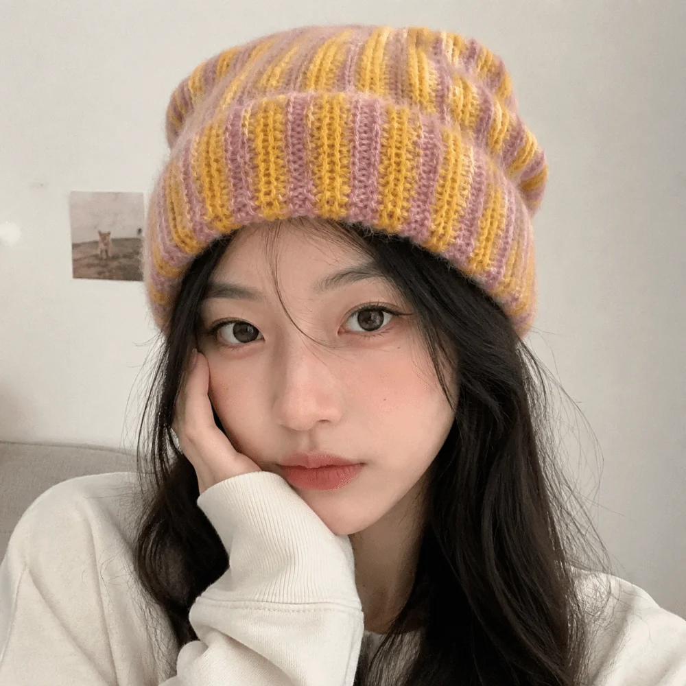Fold-Up Color Blocked Striped Beanie Hat Soft Thick Ribbed Knit Cap Thermal Windproof Warm Hat Daily